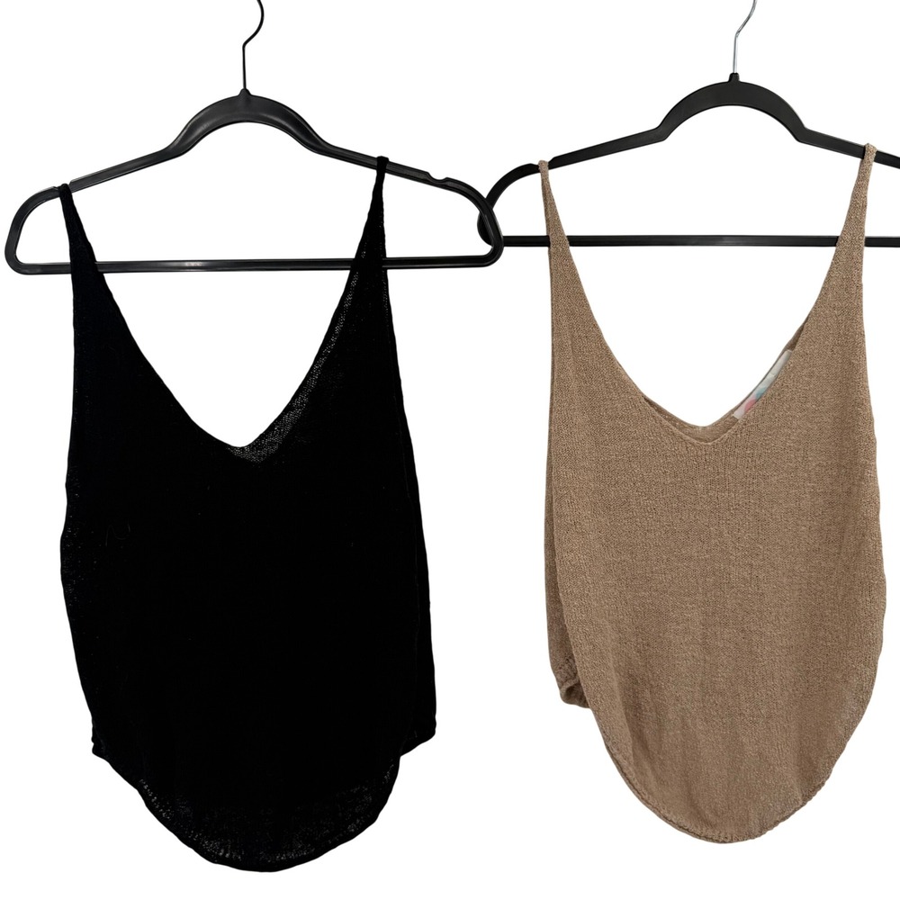 FP Beach Free People Knit Cami Tank Top Set Black Tan Sz S M V-Neck Boho 2 Pack